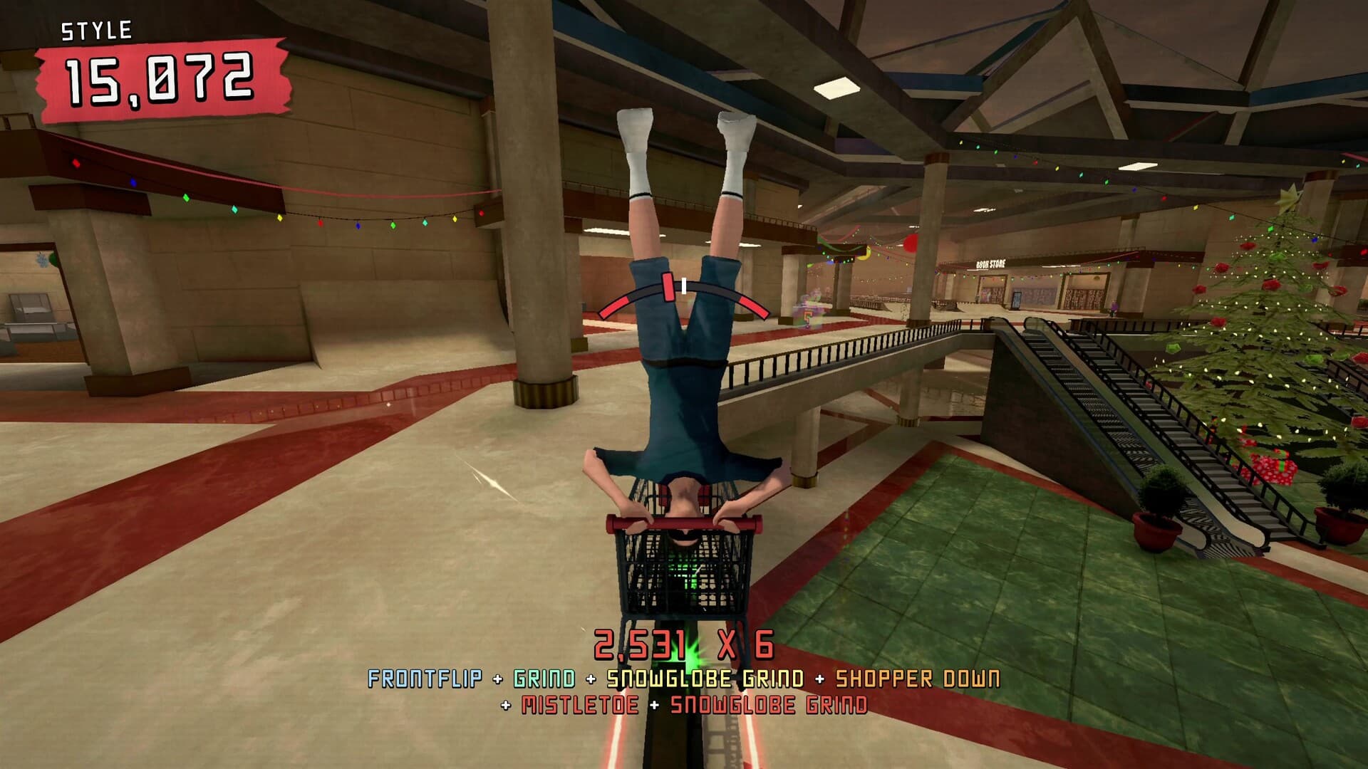 Yule Dads gameplay: a dad doing a handstand trick on a trolley in the shopping centre