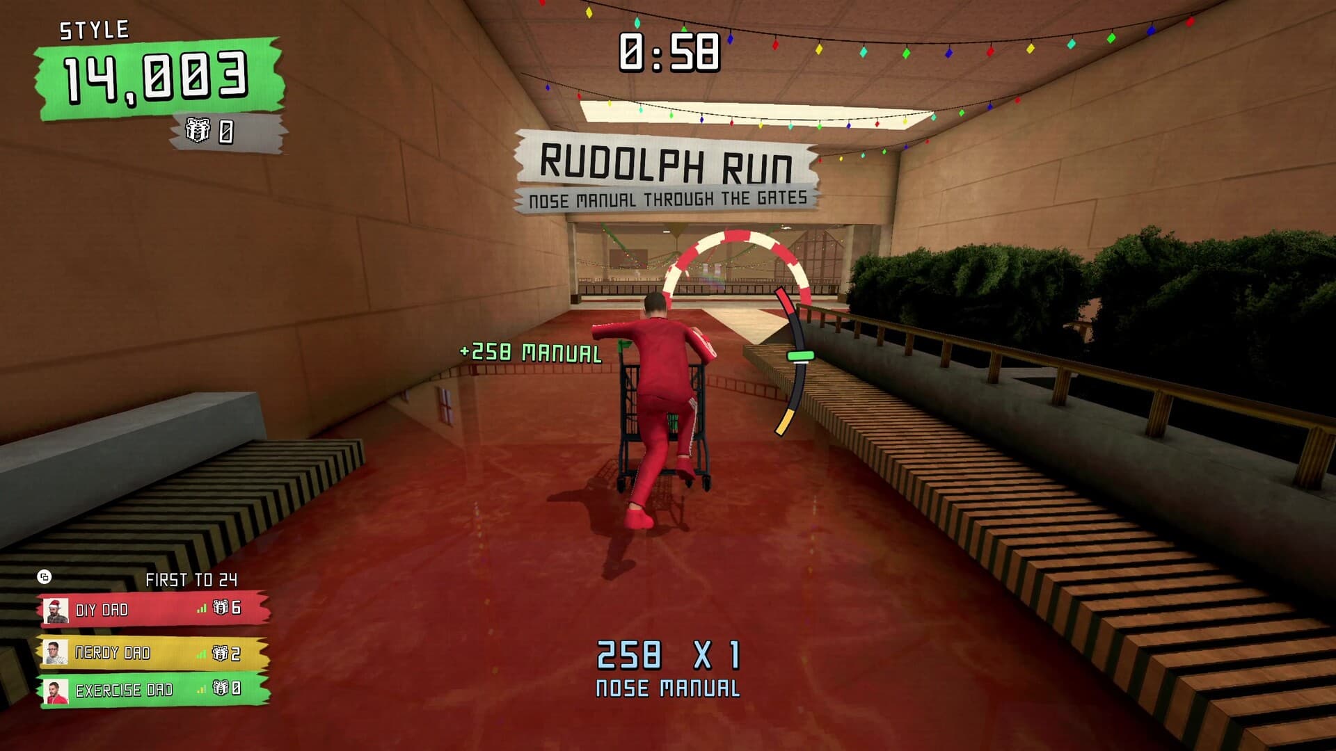 Yule Dads gameplay: the Rudolph Run mode, manualling a trolley through gates